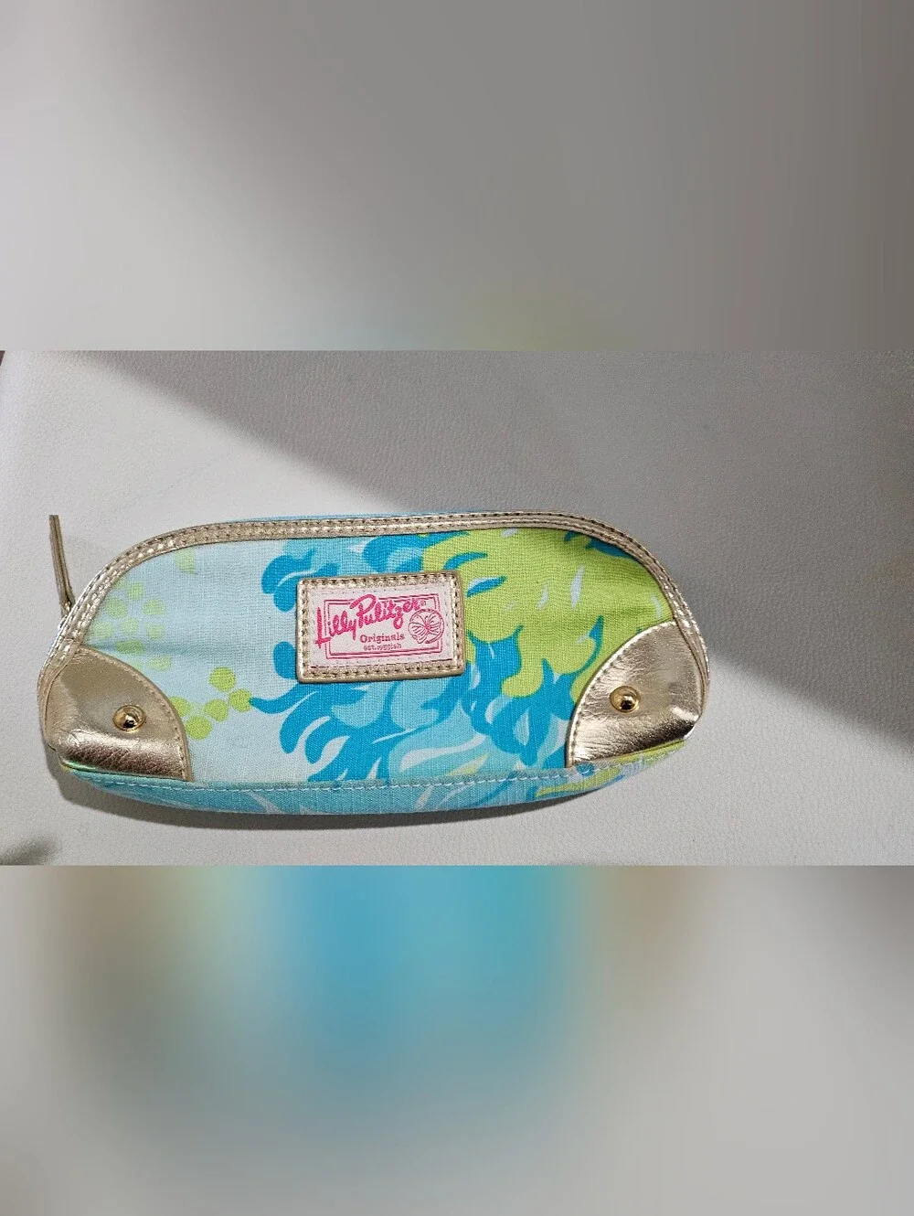 Lilly Pulitzer Originals Cosmetic Makeup Bag Blue Green Floral Gold Trim